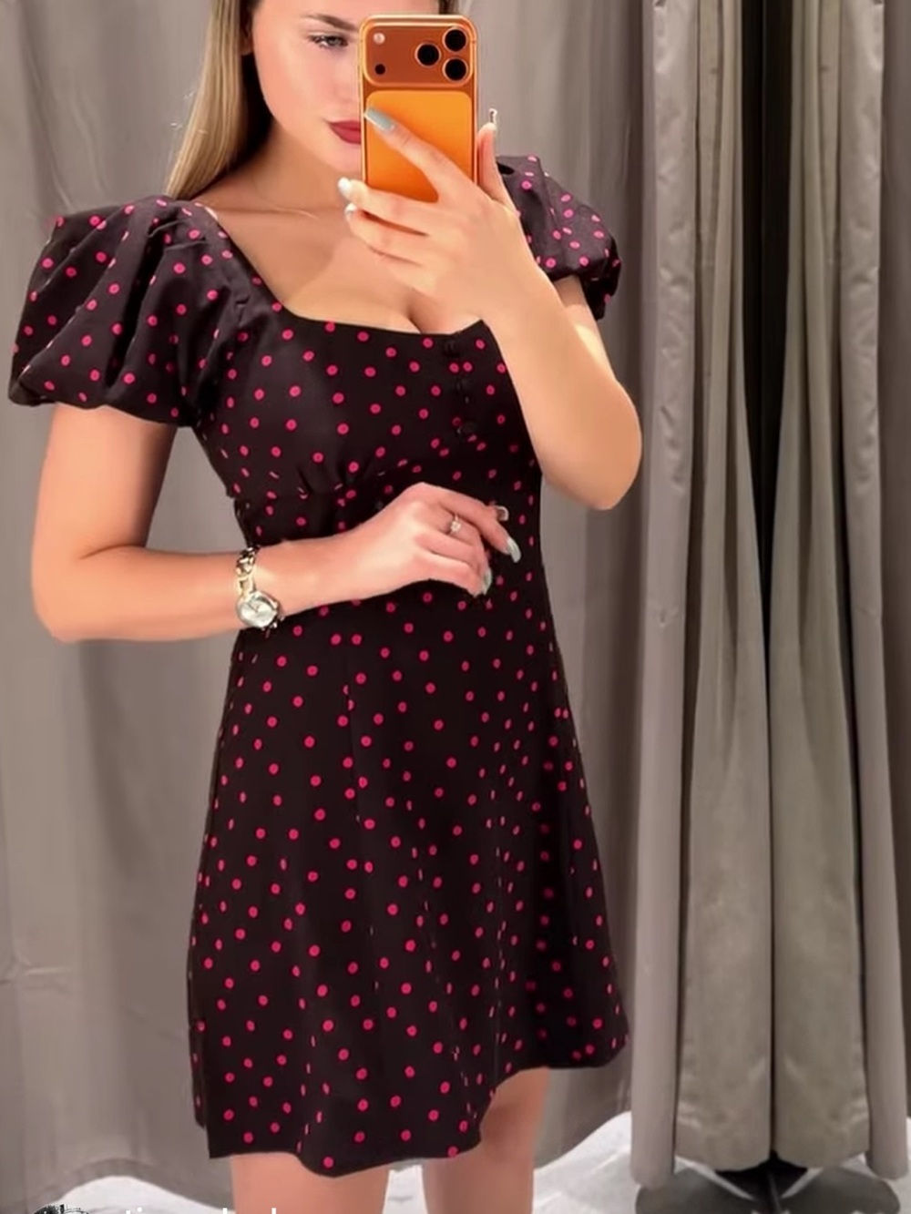 ZARA linen blend puff sleeve polka dot dress